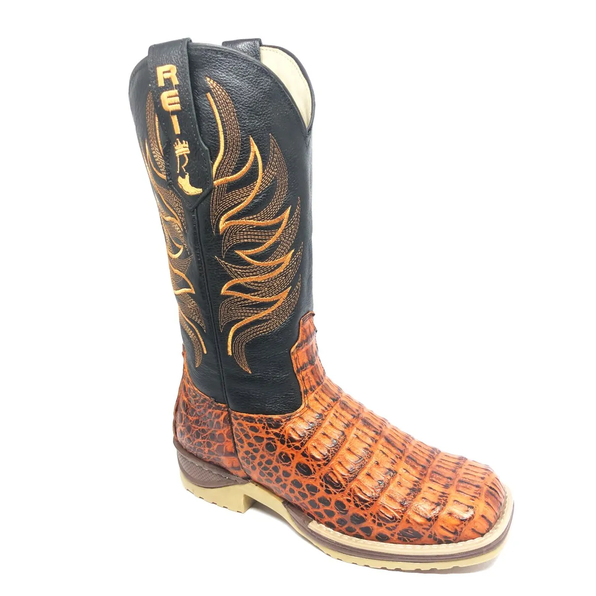 Bota Texana Reizinho Premium de Couro Legítimo de Jacaré Volcano LIMITED EDITION - Cano Alto, Bico Quadrado - Solado Jump