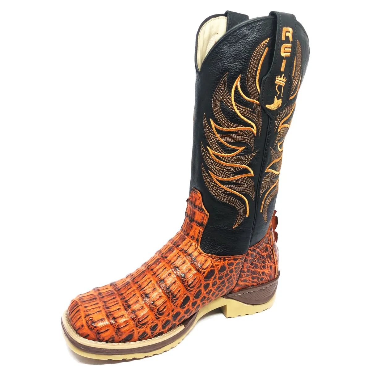 Bota Texana Reizinho Premium de Couro Legítimo de Jacaré Volcano LIMITED EDITION - Cano Alto, Bico Quadrado - Solado Jump