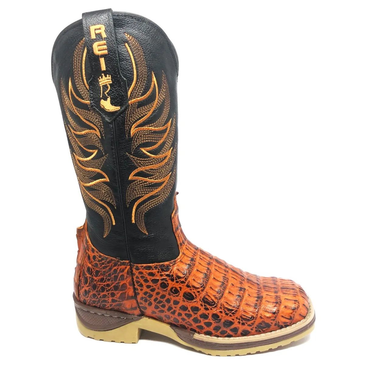 Bota Texana Reizinho Premium de Couro Legítimo de Jacaré Volcano LIMITED EDITION - Cano Alto, Bico Quadrado - Solado Jump