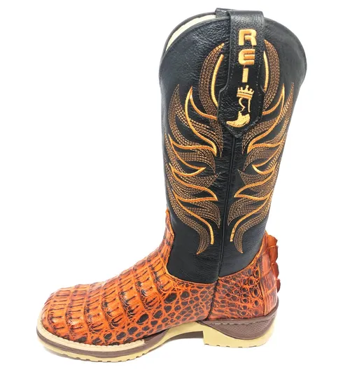 Bota Texana Reizinho Premium de Couro Legítimo de Jacaré Volcano LIMITED EDITION - Cano Alto, Bico Quadrado - Solado Jump