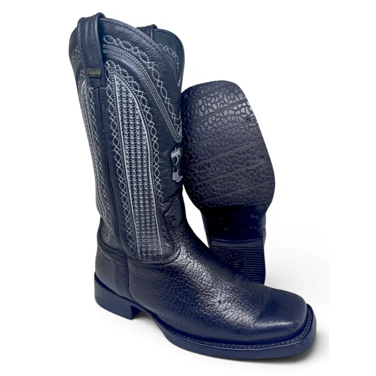 Bota Texana Reizinho Premium de Couro Legítimo de Lobo Marinho Preto LIMITED EDITION - Cano Alto, Bico Quadrado - Solado de Couro Artesanal com Proteção