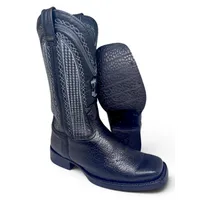 Bota Texana Reizinho Premium de Couro Legítimo de Lobo Marinho Preto LIMITED EDITION - Cano Alto, Bico Quadrado - Solado de Couro Artesanal com Proteção - imagem 1