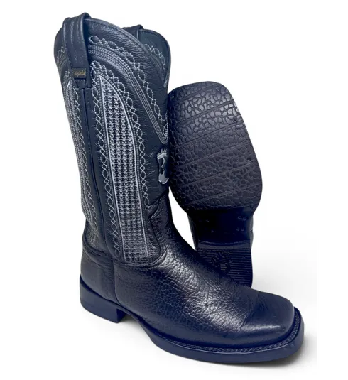 Bota Texana Reizinho Premium de Couro Legítimo de Lobo Marinho Preto LIMITED EDITION - Cano Alto, Bico Quadrado - Solado de Couro Artesanal com Proteção
