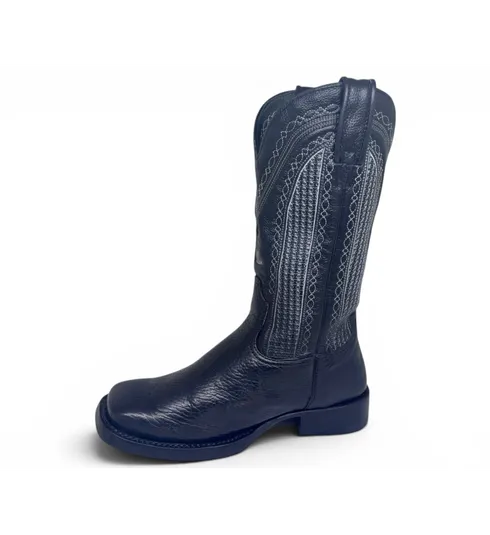 Bota Texana Reizinho Premium de Couro Legítimo de Lobo Marinho Preto LIMITED EDITION - Cano Alto, Bico Quadrado - Solado de Couro Artesanal com Proteção