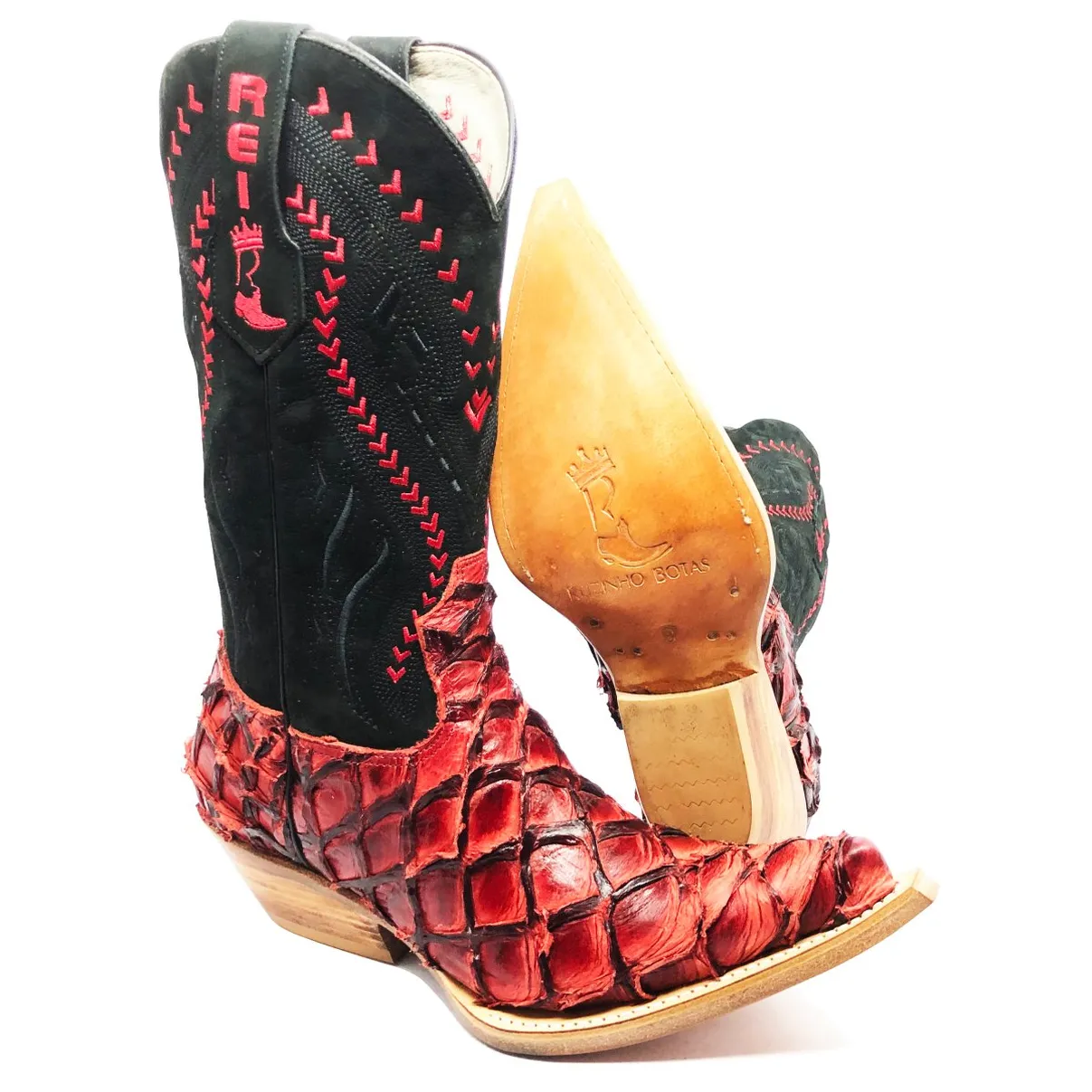 Bota Texana Reizinho Premium de Couro Legítimo de Pirarucu BloodWine LIMITED EDITION - Cano Alto, Bico Fino - Solado de Couro Artesanal