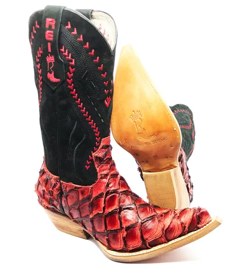 Bota Texana Reizinho Premium de Couro Legítimo de Pirarucu BloodWine LIMITED EDITION - Cano Alto, Bico Fino - Solado de Couro Artesanal
