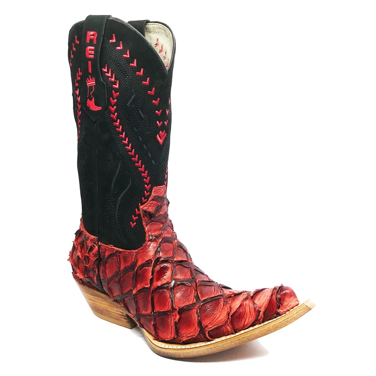 Bota Texana Reizinho Premium de Couro Legítimo de Pirarucu BloodWine LIMITED EDITION - Cano Alto, Bico Fino - Solado de Couro Artesanal