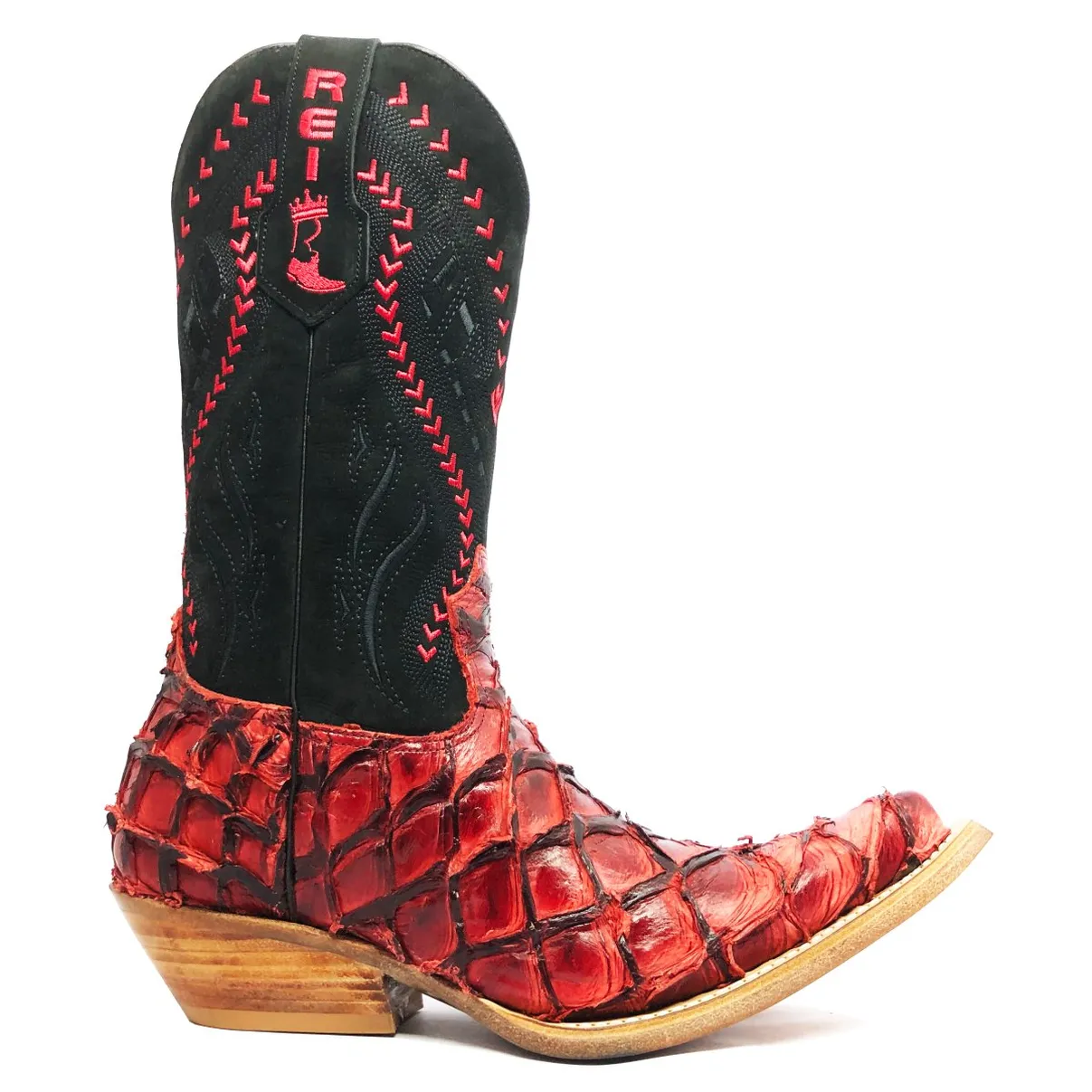 Bota Texana Reizinho Premium de Couro Legítimo de Pirarucu BloodWine LIMITED EDITION - Cano Alto, Bico Fino - Solado de Couro Artesanal