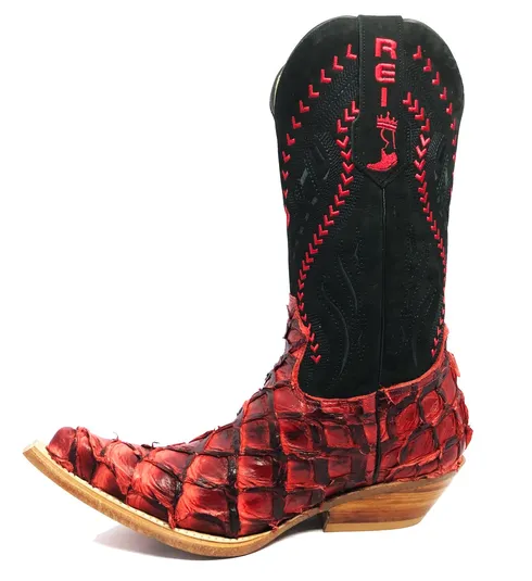 Bota Texana Reizinho Premium de Couro Legítimo de Pirarucu BloodWine LIMITED EDITION - Cano Alto, Bico Fino - Solado de Couro Artesanal