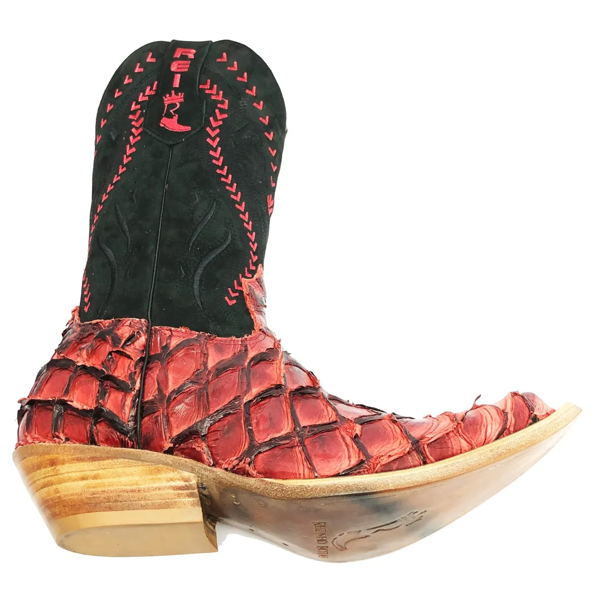 Bota Texana Reizinho Premium de Couro Legítimo de Pirarucu BloodWine LIMITED EDITION - Cano Alto, Bico Fino - Solado de Couro Artesanal