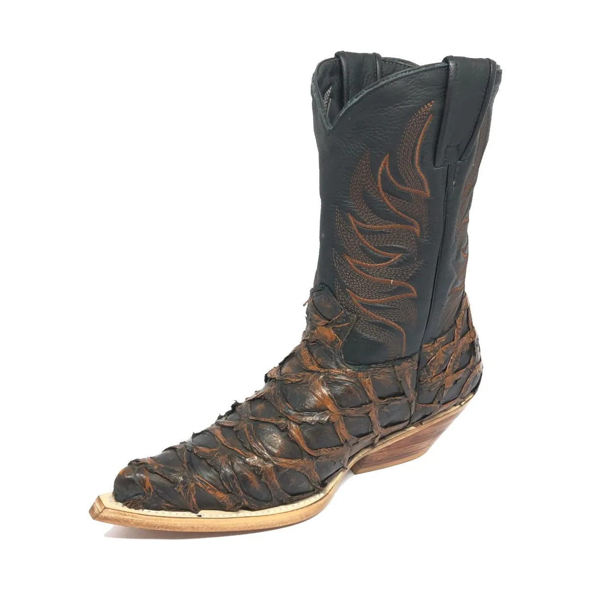 Bota Texana Reizinho Premium de Couro Legítimo de Pirarucu Brown Gold - Cano Médio, Bico Fino - Solado de Couro Artesanal
