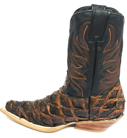 Bota Texana Reizinho Premium de Couro Legítimo de Pirarucu Brown Gold - Cano Médio, Bico Fino - Solado de Couro Artesanal