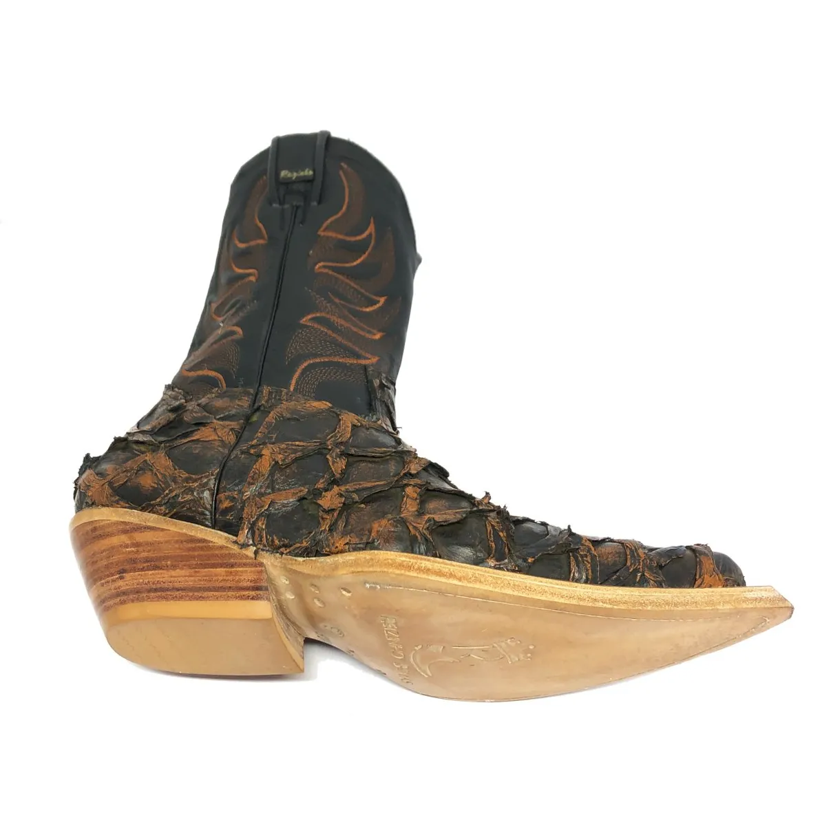 Bota Texana Reizinho Premium de Couro Legítimo de Pirarucu Brown Gold - Cano Médio, Bico Fino - Solado de Couro Artesanal