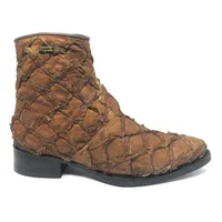 Bota Texana Reizinho Premium de Couro Legítimo de Pirarucu Dry Leaf - Cano Curto, Bico Fino Arredondado - Solado de Couro Artesanal - imagem 4