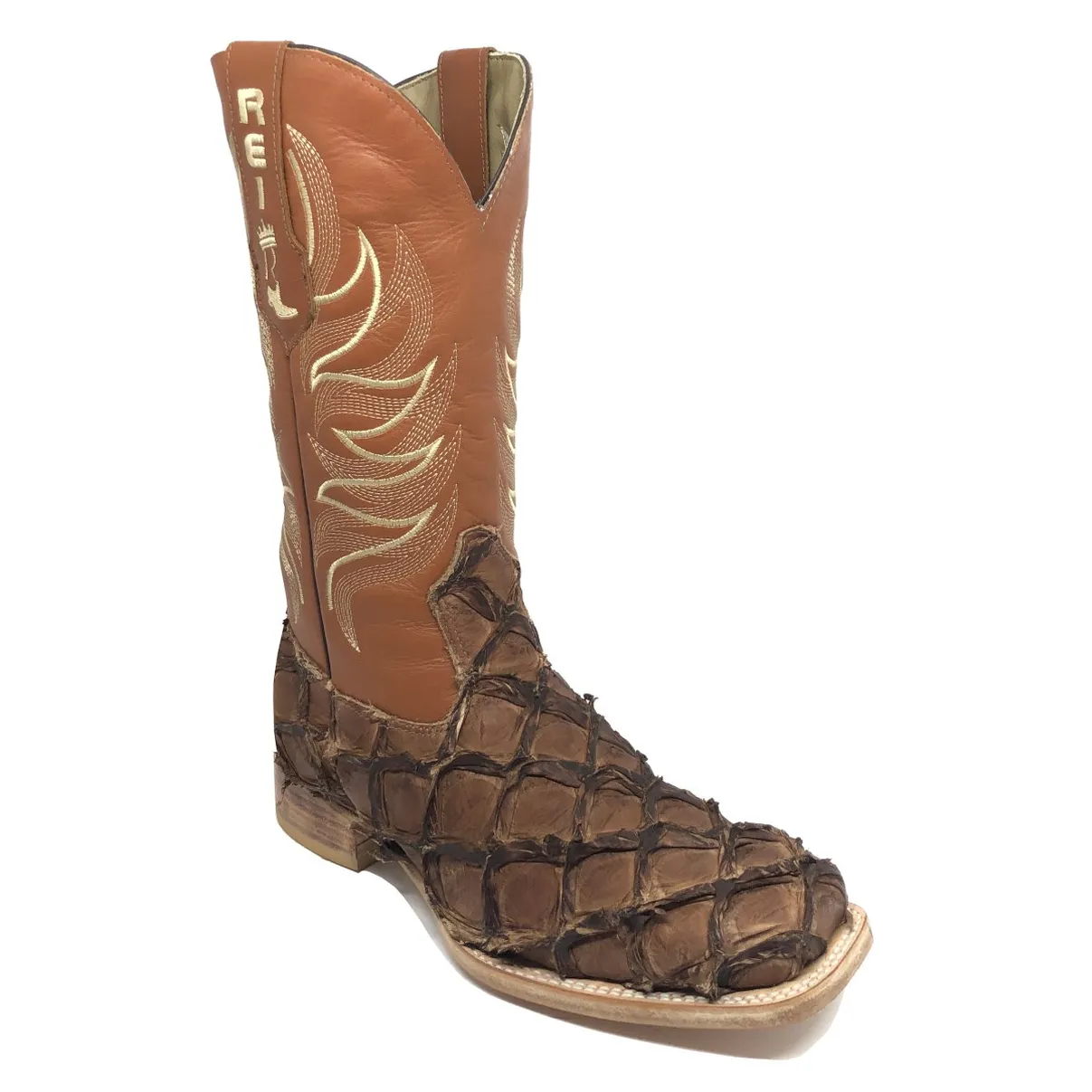 Bota Texana Reizinho Premium de Couro Legítimo de Pirarucu Dry Leaf LIMITED EDITION - Cano Alto, Bico Quadrado - Solado de Couro Artesanal