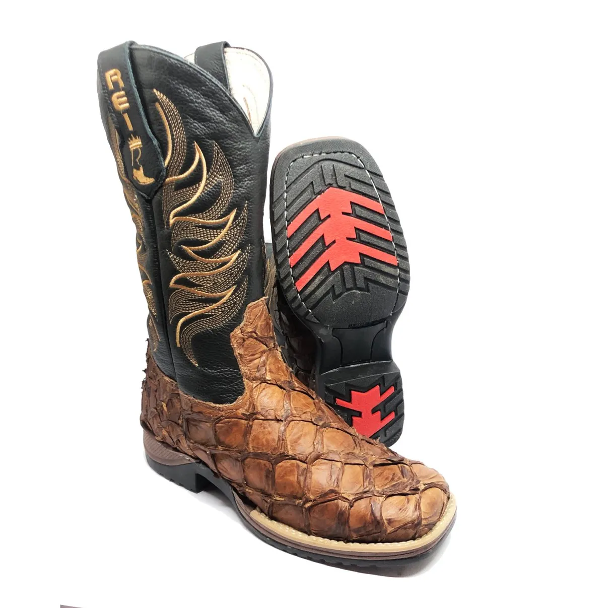 Bota Texana Reizinho Premium de Couro Legítimo de Pirarucu Dry Leaf LIMITED EDITION - Cano Alto, Bico Quadrado - Solado 