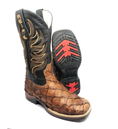 Bota Texana Reizinho Premium de Couro Legítimo de Pirarucu Dry Leaf LIMITED EDITION - Cano Alto, Bico Quadrado - Solado JUMP