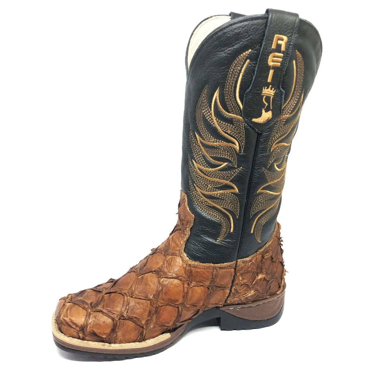Bota Texana Reizinho Premium de Couro Legítimo de Pirarucu Dry Leaf LIMITED EDITION - Cano Alto, Bico Quadrado - Solado 