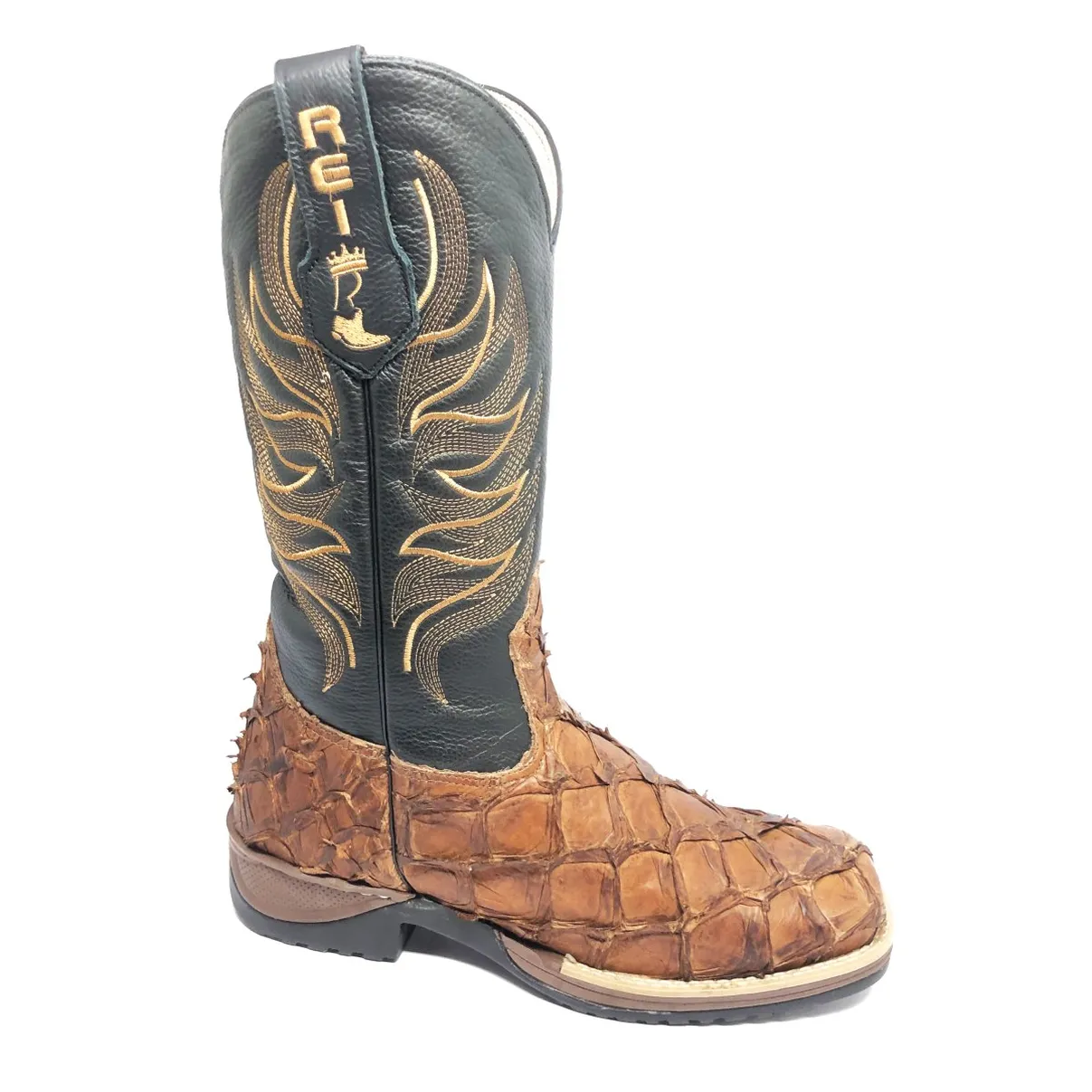 Bota Texana Reizinho Premium de Couro Legítimo de Pirarucu Dry Leaf LIMITED EDITION - Cano Alto, Bico Quadrado - Solado 