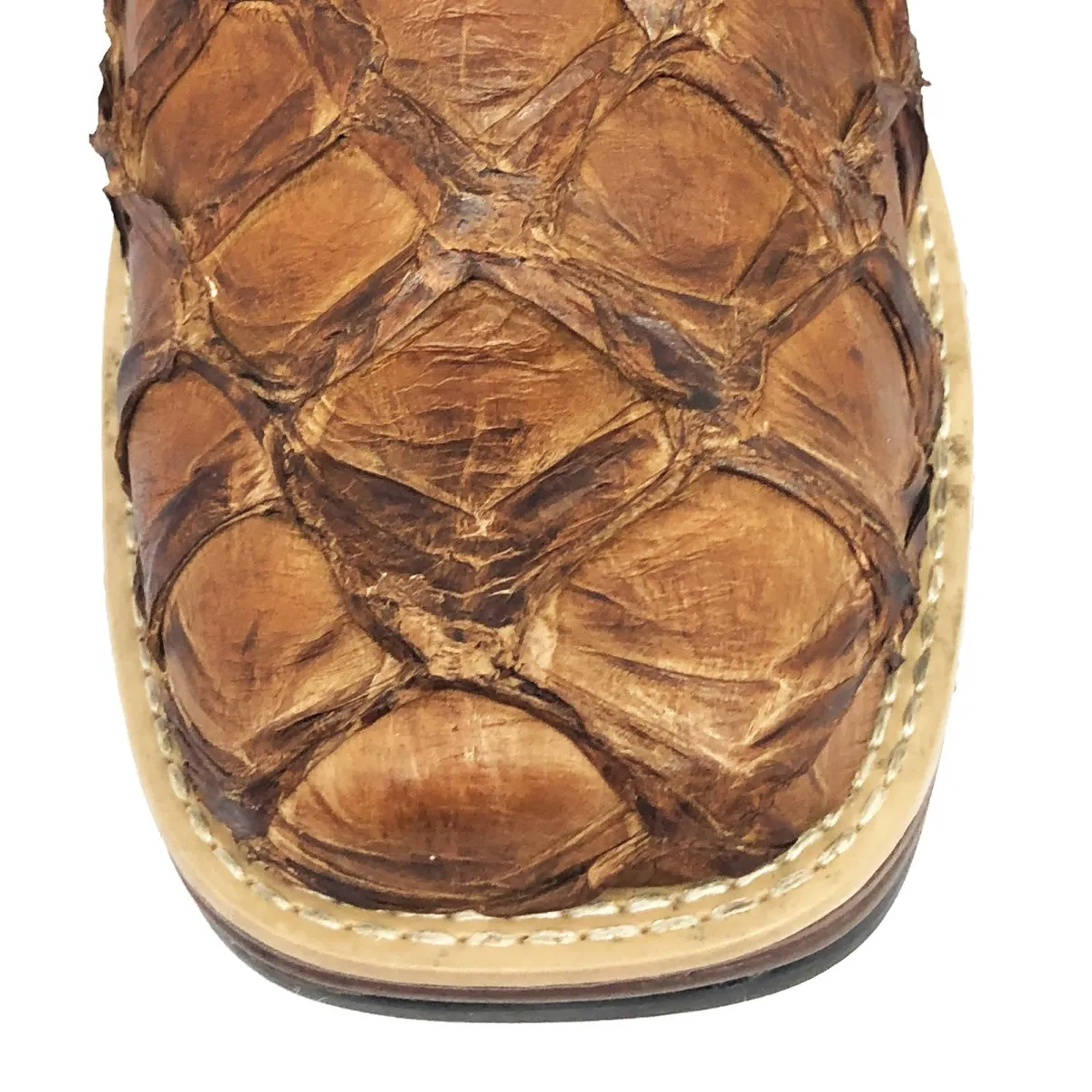 Bota Texana Reizinho Premium de Couro Legítimo de Pirarucu Dry Leaf LIMITED EDITION - Cano Alto, Bico Quadrado - Solado 