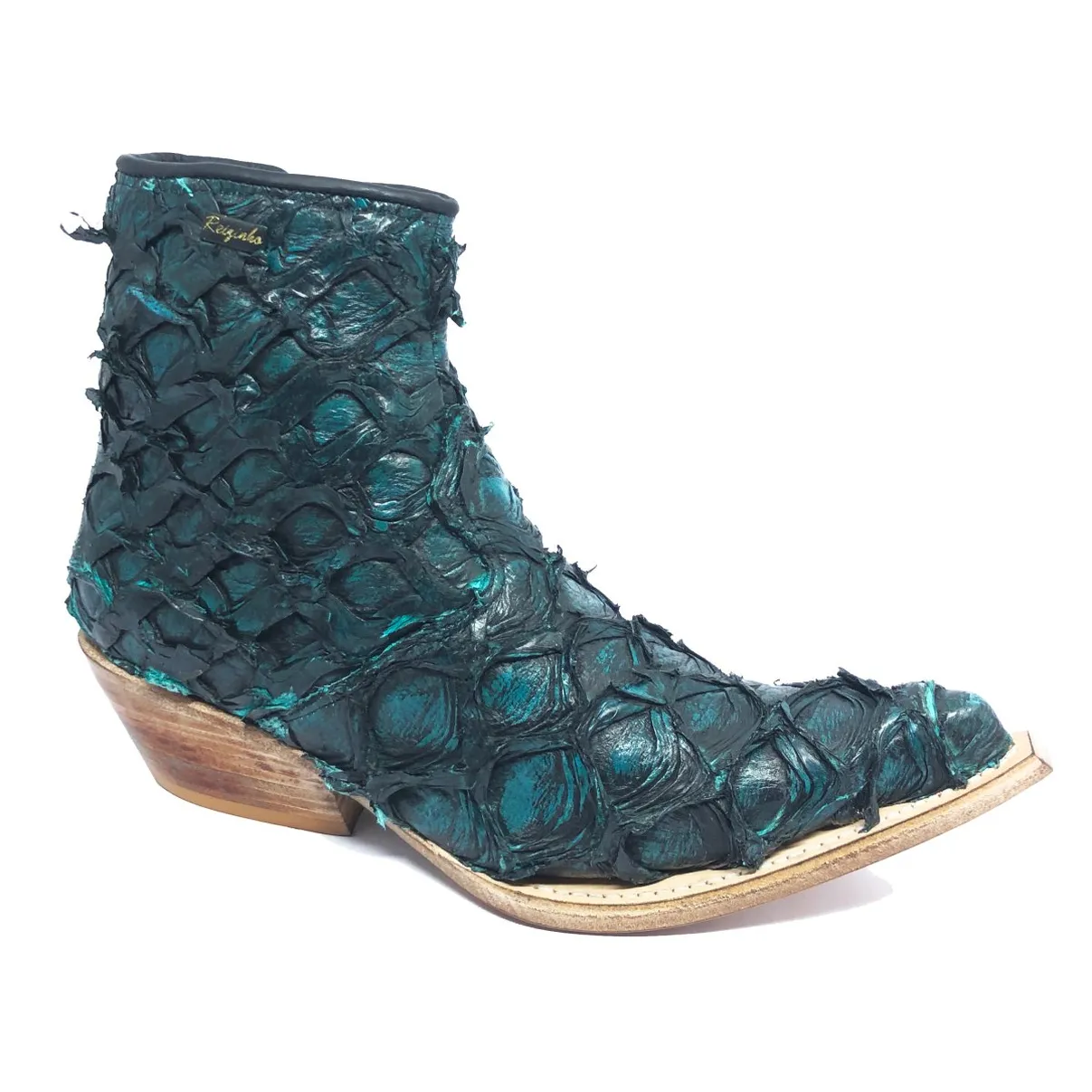 Bota Texana Reizinho Premium de Couro Legítimo de Pirarucu Ocean - Cano Curto, Bico Fino - Solado de Couro Artesanal