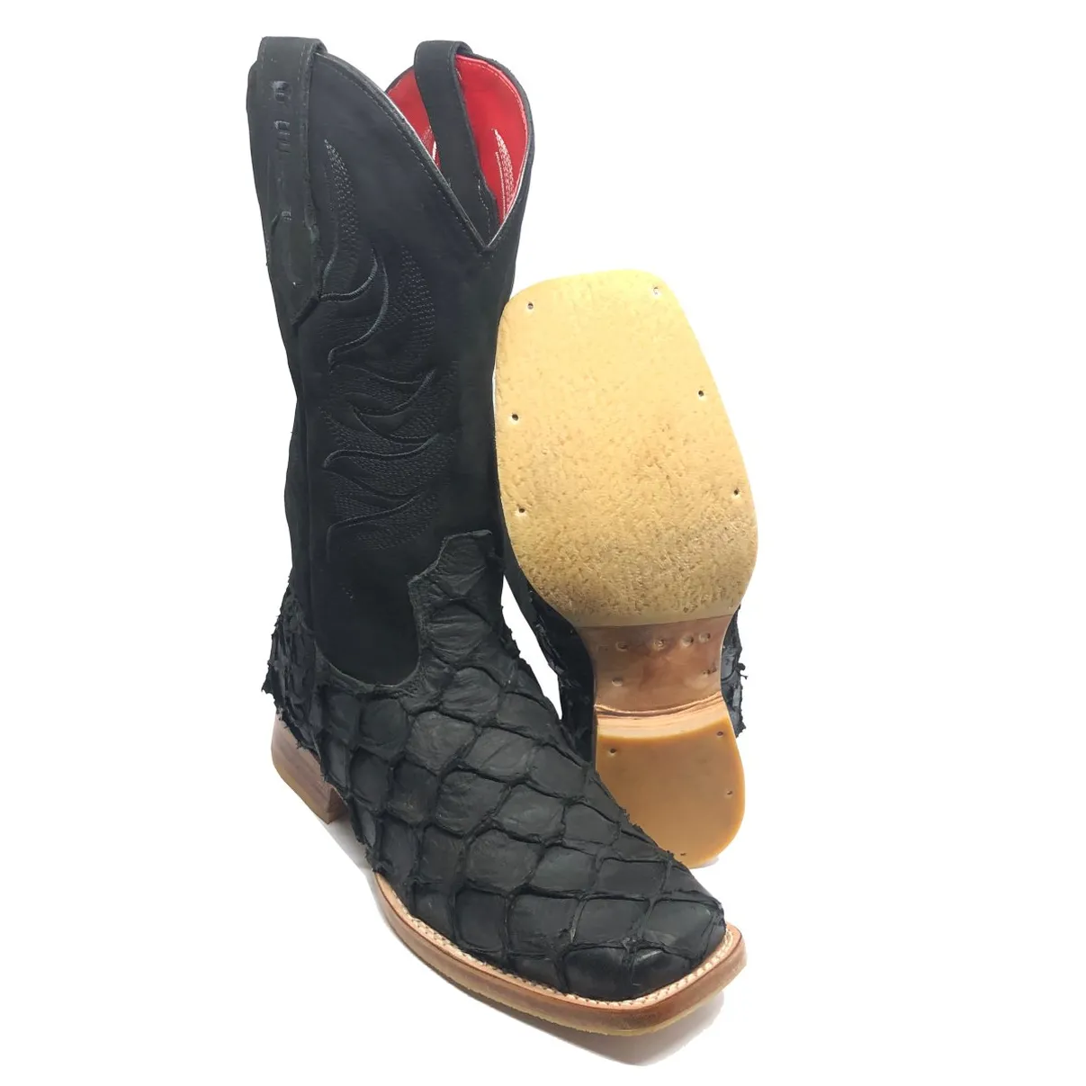Bota Texana Reizinho Premium de Couro Legítimo de Pirarucu Preto LIMITED EDITION - Cano Alto, Bico Quadrado - Solado de Couro Artesanal