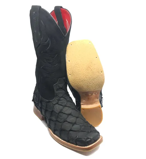 Bota Texana Reizinho Premium de Couro Legítimo de Pirarucu Preto LIMITED EDITION - Cano Alto, Bico Quadrado - Solado de Couro Artesanal