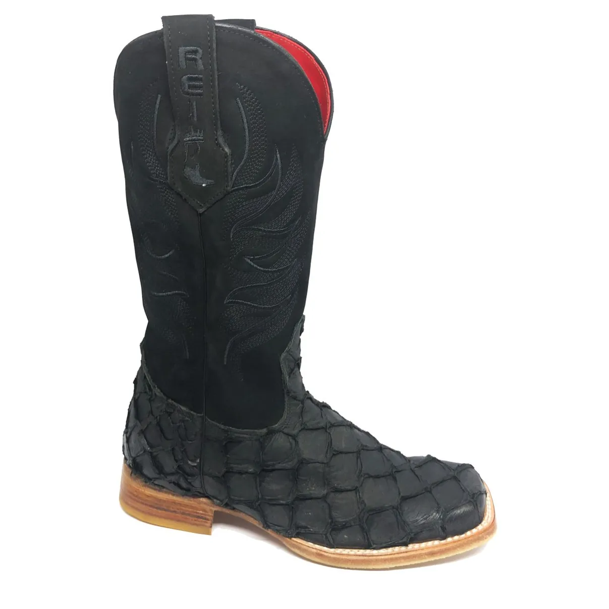 Bota Texana Reizinho Premium de Couro Legítimo de Pirarucu Preto LIMITED EDITION - Cano Alto, Bico Quadrado - Solado de Couro Artesanal