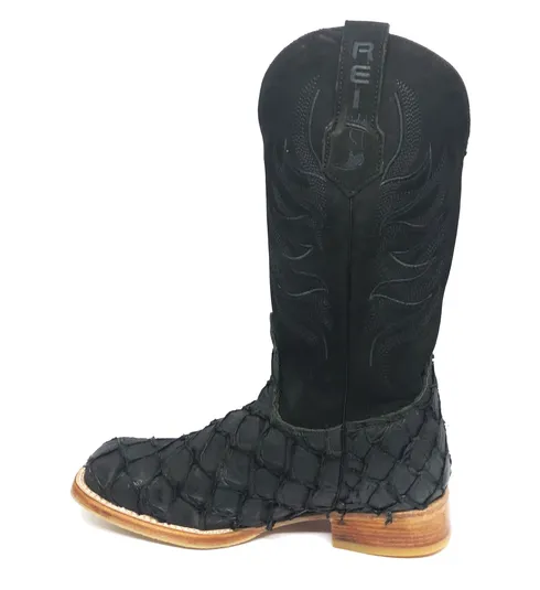 Bota Texana Reizinho Premium de Couro Legítimo de Pirarucu Preto LIMITED EDITION - Cano Alto, Bico Quadrado - Solado de Couro Artesanal