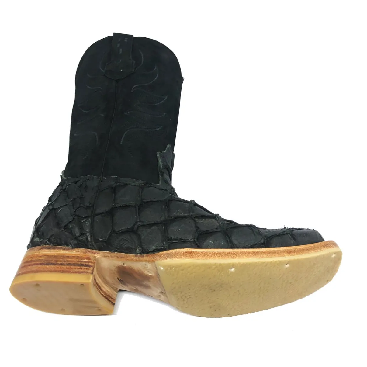 Bota Texana Reizinho Premium de Couro Legítimo de Pirarucu Preto LIMITED EDITION - Cano Alto, Bico Quadrado - Solado de Couro Artesanal