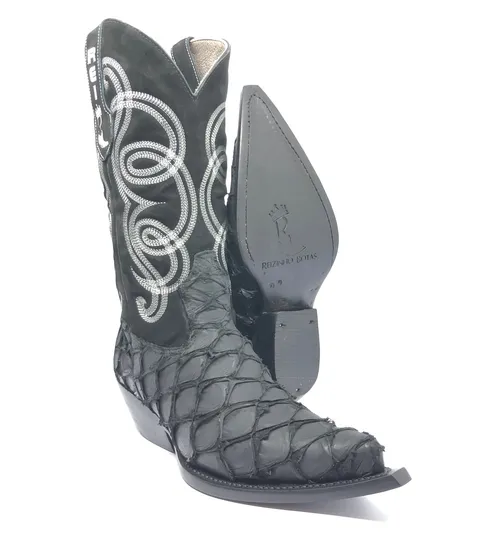 Bota Texana Reizinho Premium de Couro Legítimo de Pirarucu Preto LIMITED EDITION - Cano Alto, Bico Fino - Solado de Couro Artesanal