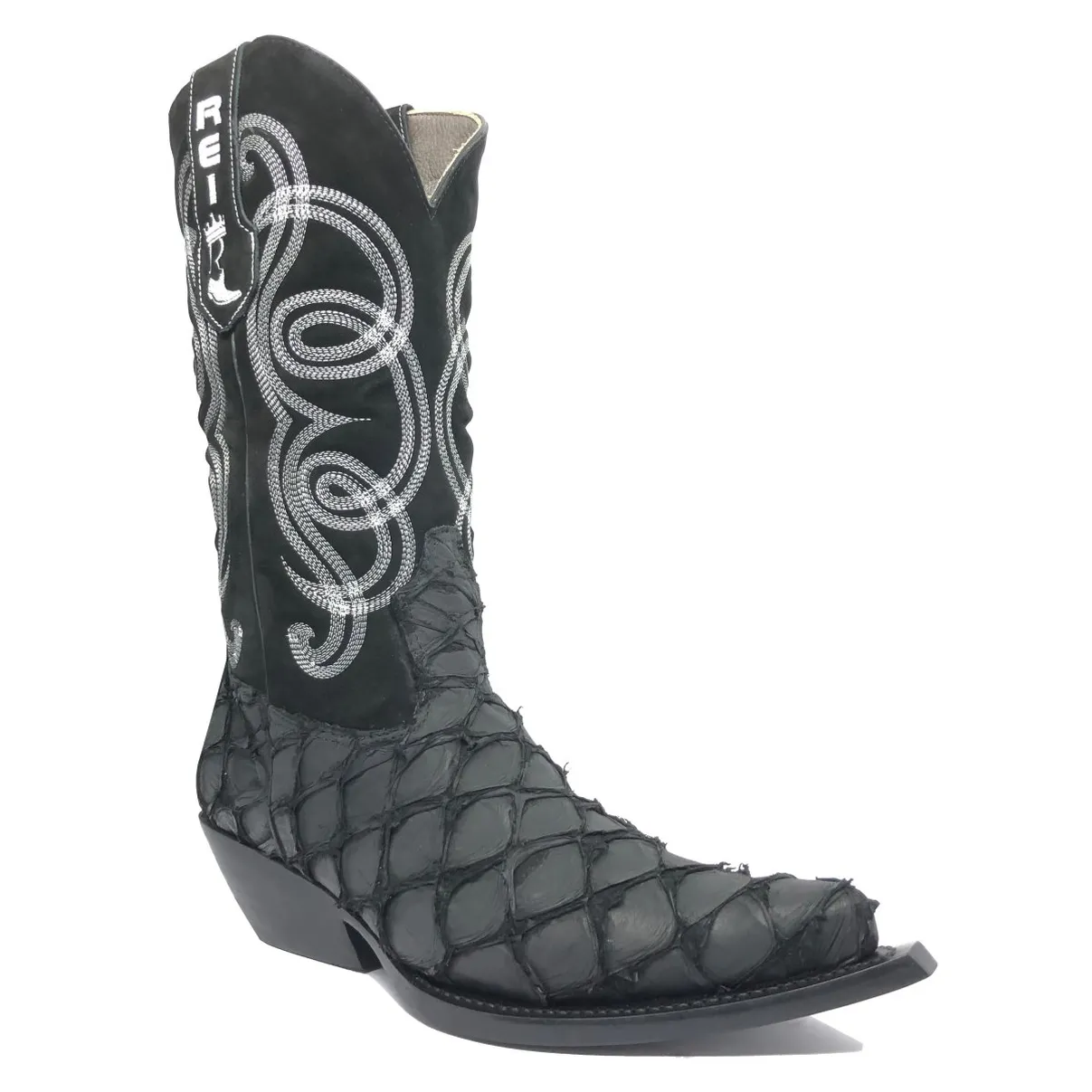 Bota Texana Reizinho Premium de Couro Legítimo de Pirarucu Preto LIMITED EDITION - Cano Alto, Bico Fino - Solado de Couro Artesanal