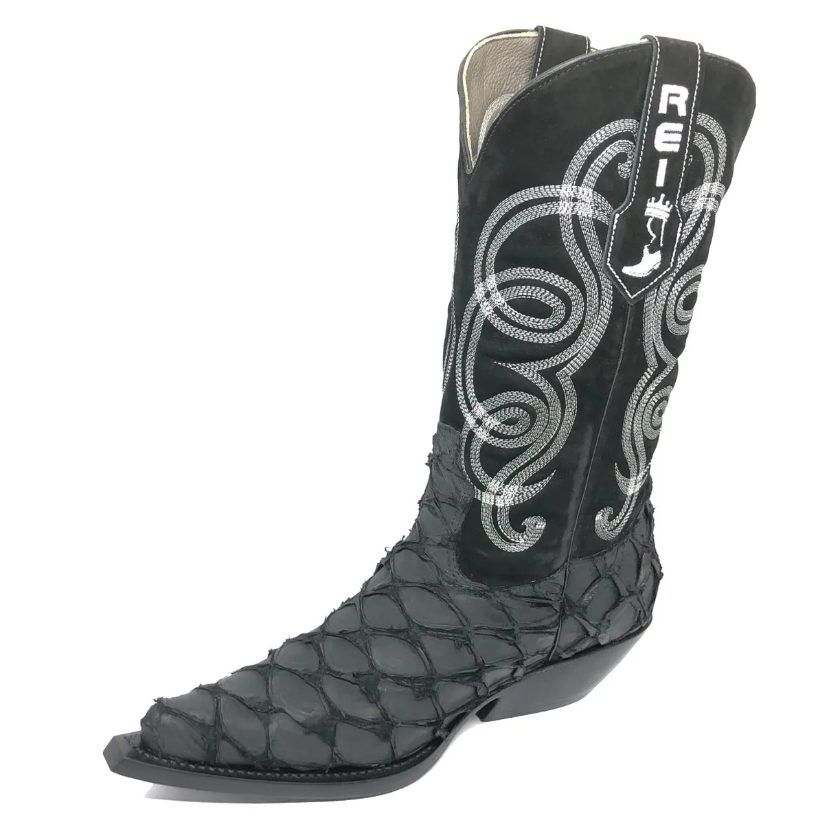 Bota Texana Reizinho Premium de Couro Legítimo de Pirarucu Preto LIMITED EDITION - Cano Alto, Bico Fino - Solado de Couro Artesanal
