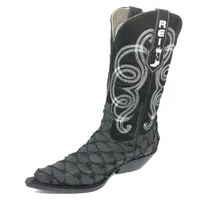 Bota Texana Reizinho Premium de Couro Legítimo de Pirarucu Preto LIMITED EDITION - Cano Alto, Bico Fino - Solado de Couro Artesanal - imagem 5