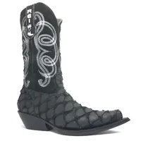 Bota Texana Reizinho Premium de Couro Legítimo de Pirarucu Preto LIMITED EDITION - Cano Alto, Bico Fino - Solado de Couro Artesanal - imagem 4