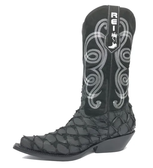 Bota Texana Reizinho Premium de Couro Legítimo de Pirarucu Preto LIMITED EDITION - Cano Alto, Bico Fino - Solado de Couro Artesanal