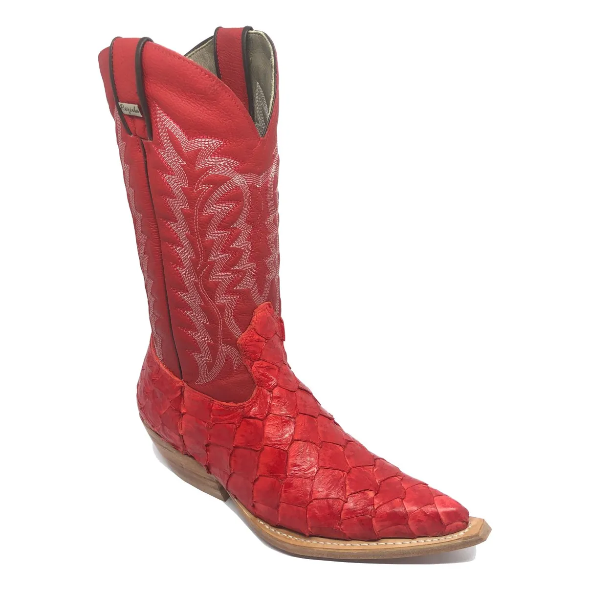 Bota Texana Reizinho Premium de Couro Legítimo de Pirarucu Red LIMITED EDITION - Cano Alto, Bico Fino - Solado de Couro 