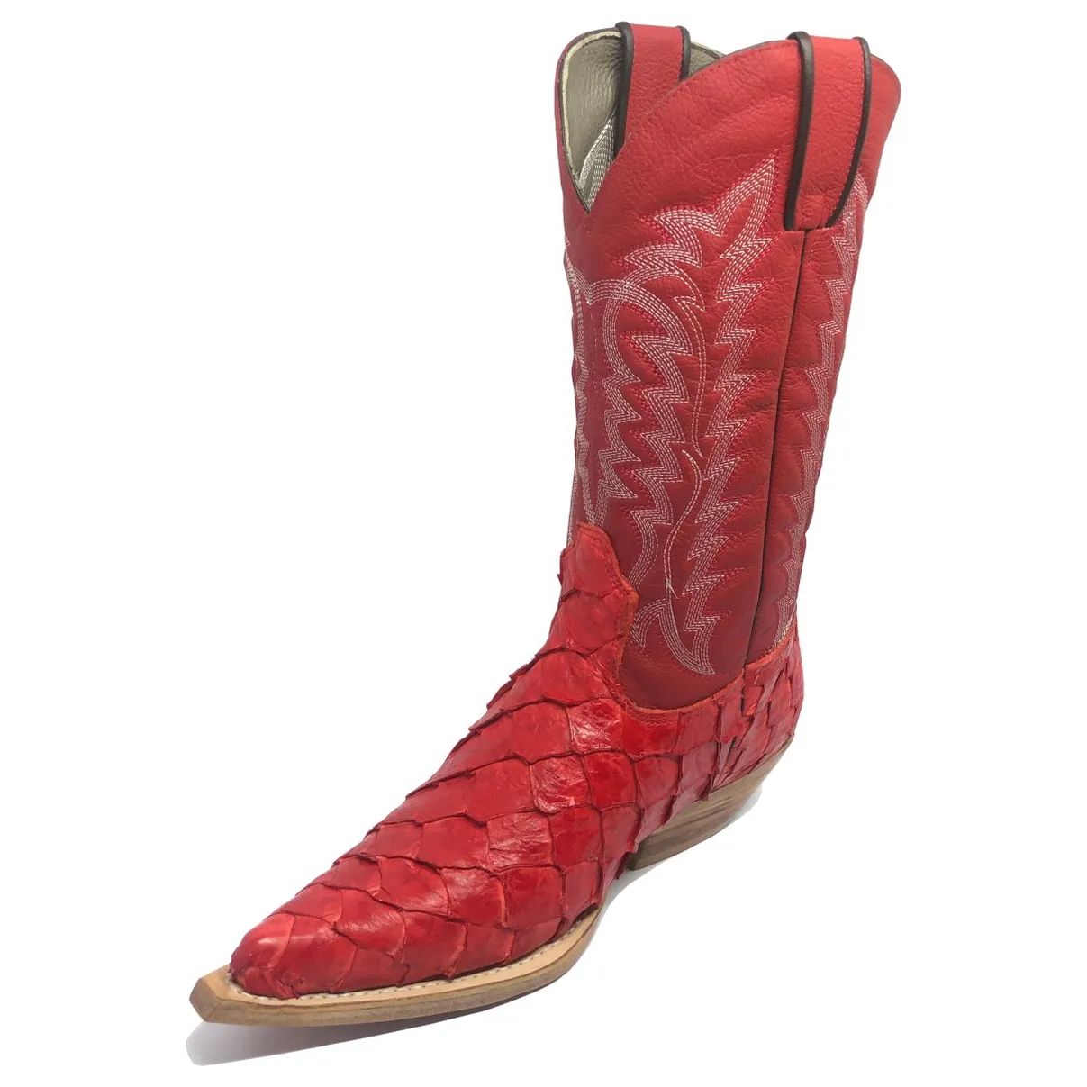 Bota Texana Reizinho Premium de Couro Legítimo de Pirarucu Red LIMITED EDITION - Cano Alto, Bico Fino - Solado de Couro 