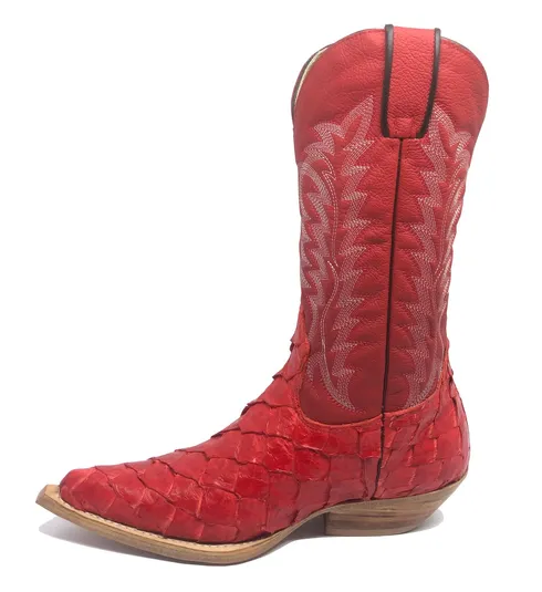 Bota Texana Reizinho Premium de Couro Legítimo de Pirarucu Red LIMITED EDITION - Cano Alto, Bico Fino - Solado de Couro Artesanal