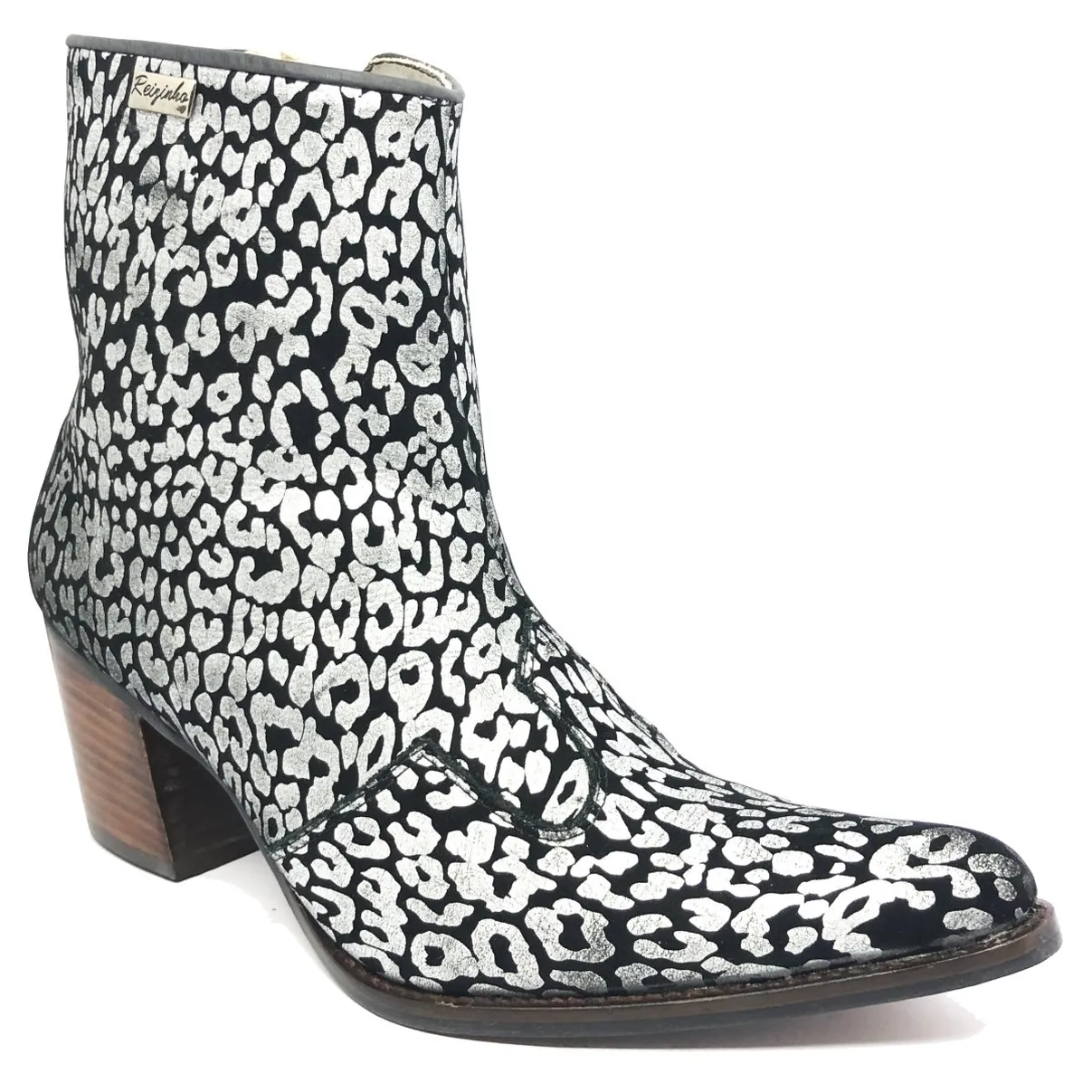 BOTA Western FEMININA DE COURO BOVINO IMITAÇÃO DE ONÇA PRATA - CANO CURTO, BICO FINO