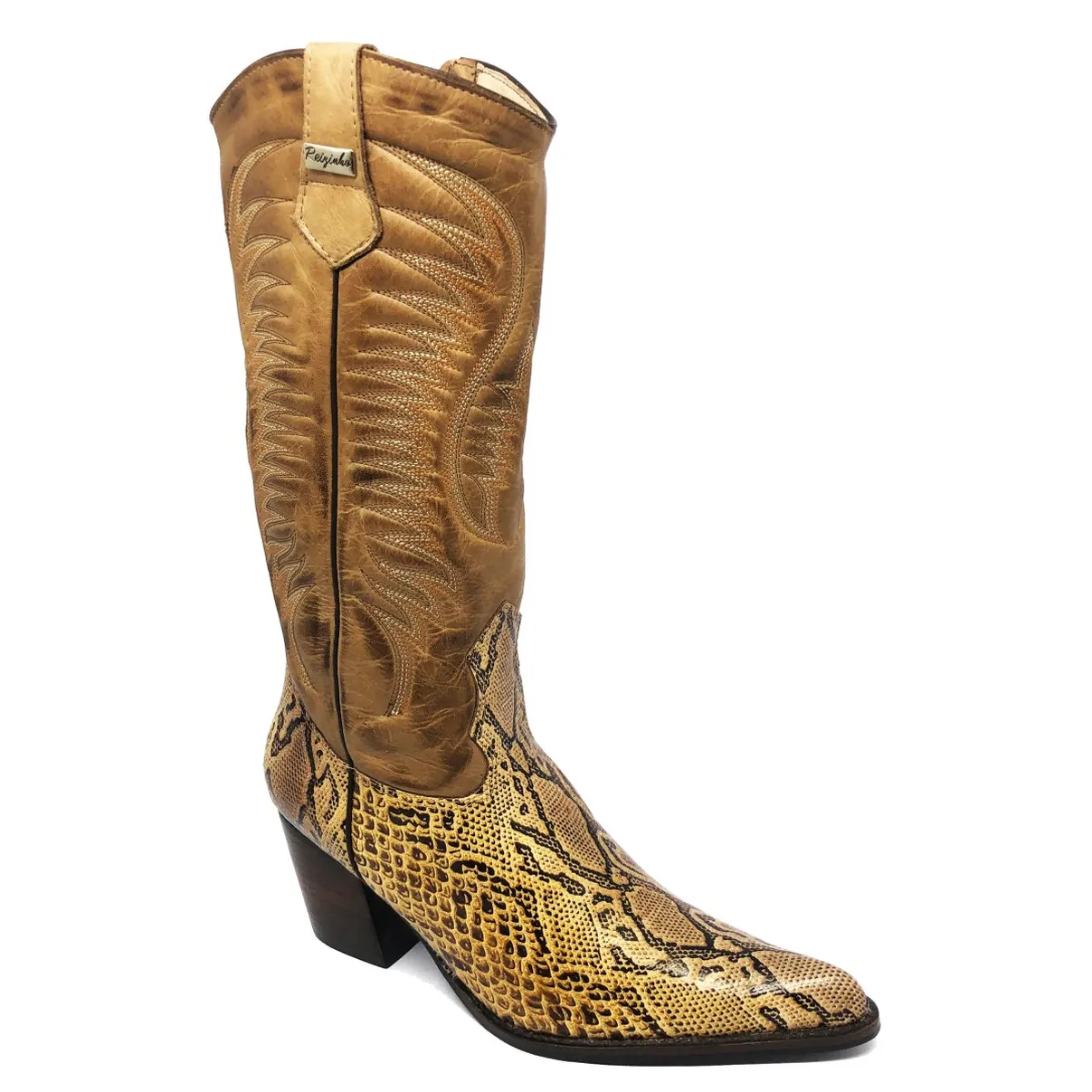 Bota Western Feminina De Couro Bovino Imitação de Cobra Desert - Cano Alto, Bico Fino