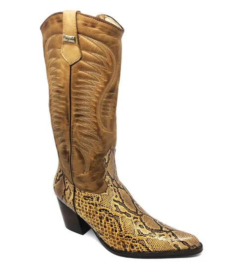 Bota Western Feminina De Couro Bovino Imitação de Cobra Desert - Cano Alto, Bico Fino