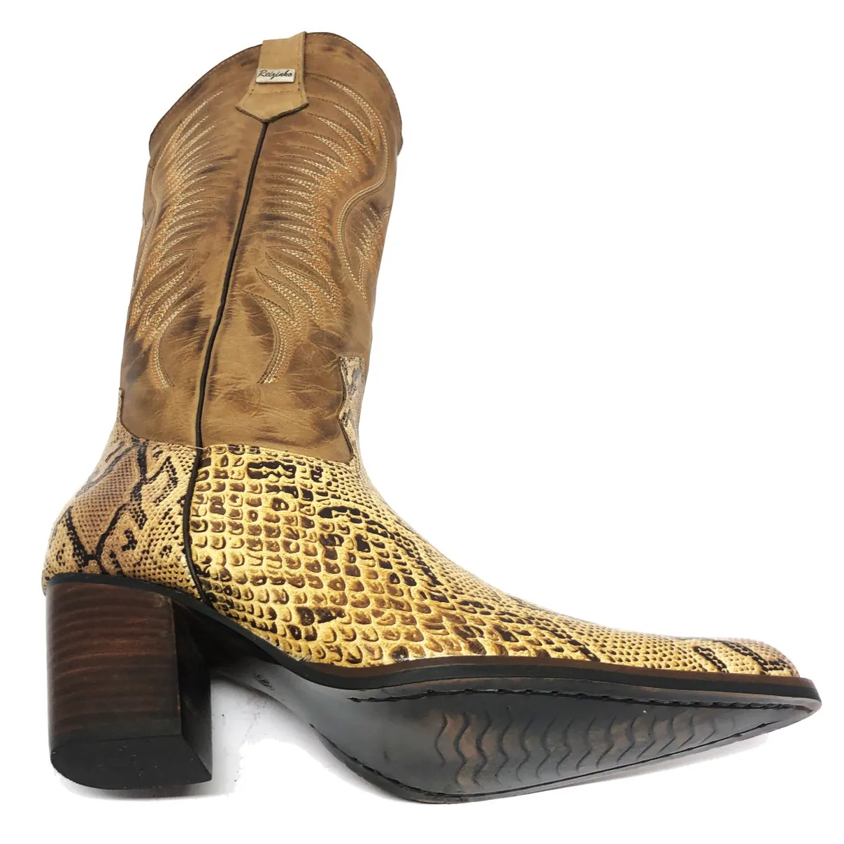 Bota Western Feminina De Couro Bovino Imitação de Cobra Desert - Cano Alto, Bico Fino