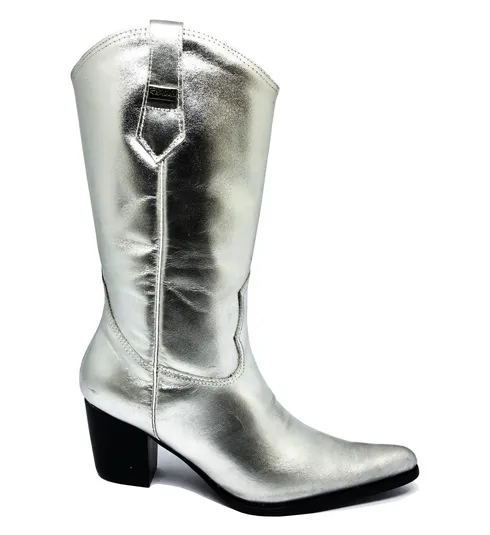 Bota Western Feminina De Couro Bovino Prata - Cano Alto, Bico Fino