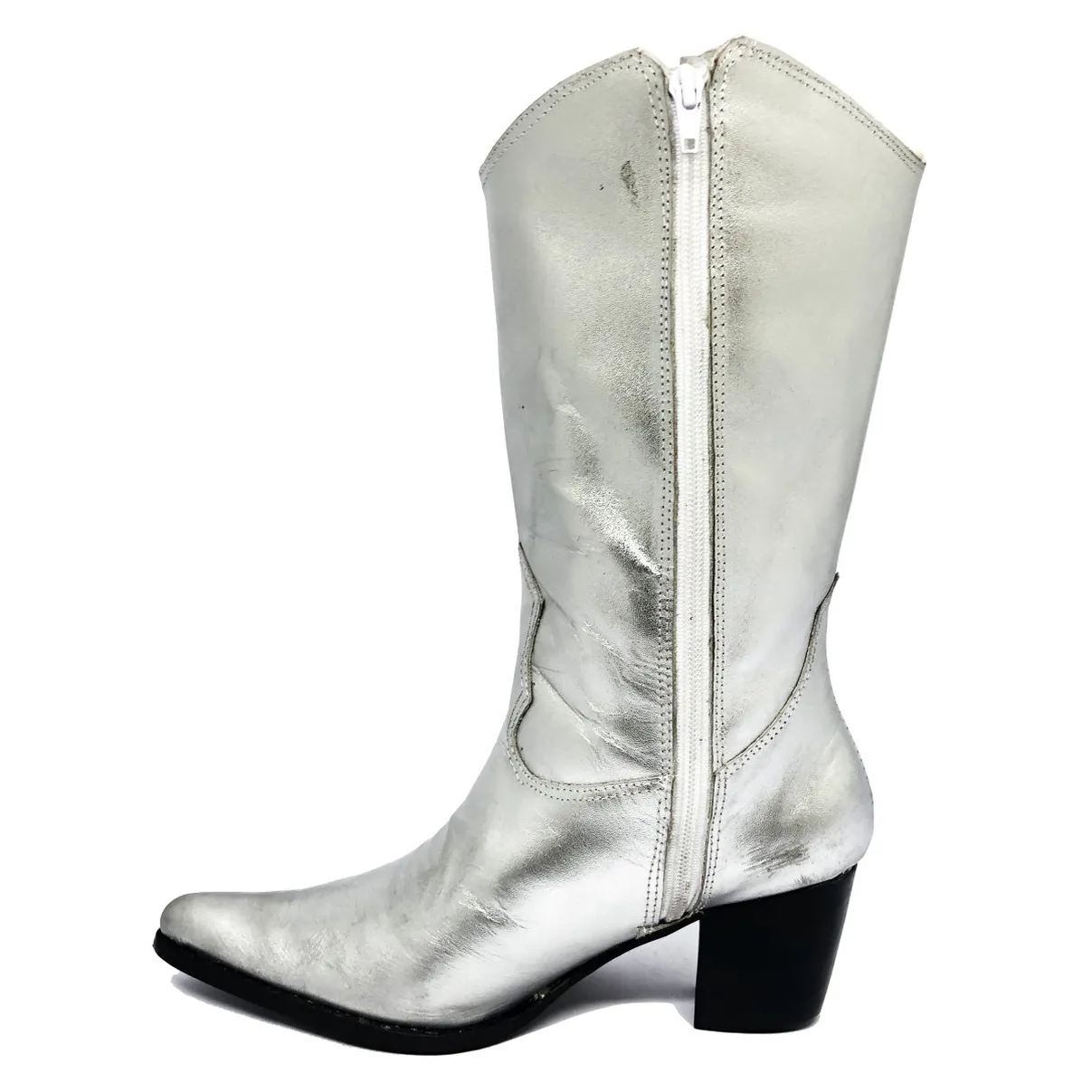 Bota Western Feminina De Couro Bovino Prata - Cano Alto, Bico Fino