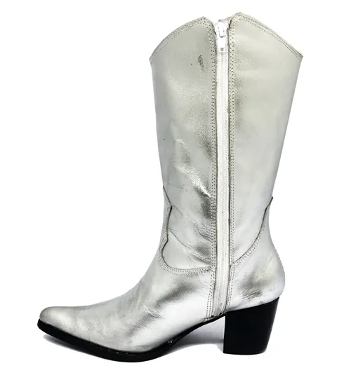 Bota Western Feminina De Couro Bovino Prata - Cano Alto, Bico Fino