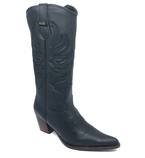 Bota Western Feminina de Couro Legítimo de Bovino Preto - Cano Alto, Bico Fino | Reizinho Botas