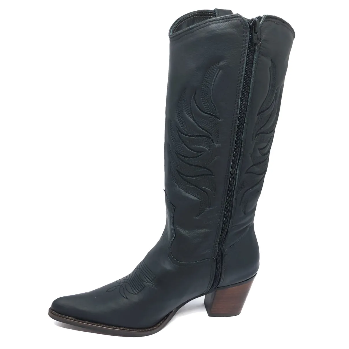 Bota Western Feminina de Couro Legítimo de Bovino Preto - Cano Alto, Bico Fino | Reizinho Botas