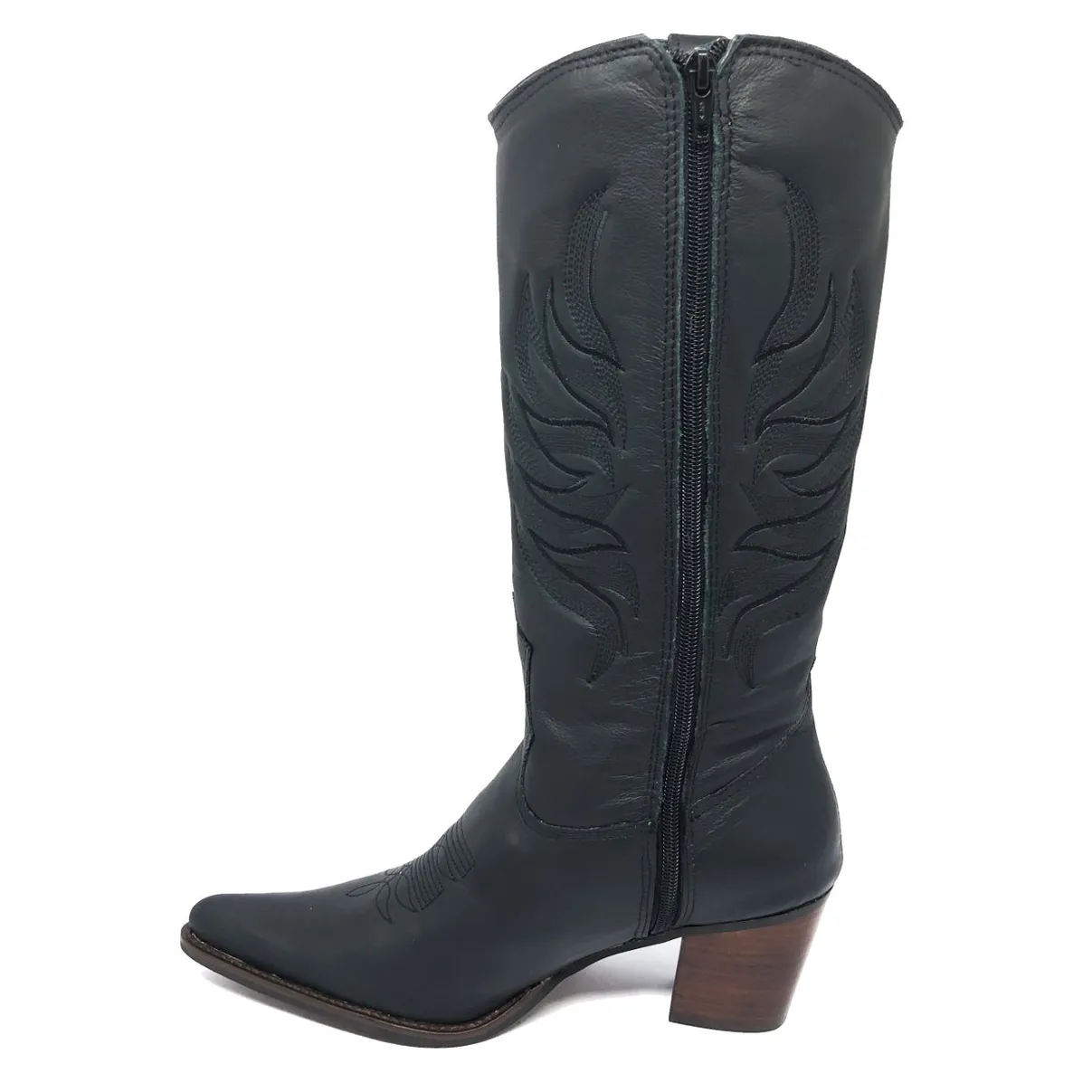 Bota Western Feminina de Couro Legítimo de Bovino Preto - Cano Alto, Bico Fino | Reizinho Botas