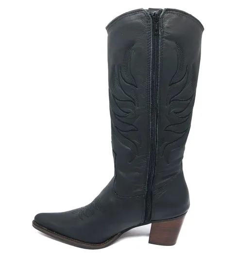 Bota Western Feminina de Couro Legítimo de Bovino Preto - Cano Alto, Bico Fino | Reizinho Botas